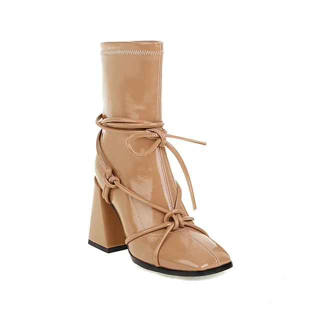 European And American Lace Up Thick High Heel Square Head Women's Ankle Boots G682 Apricot - Shop at LoveMi