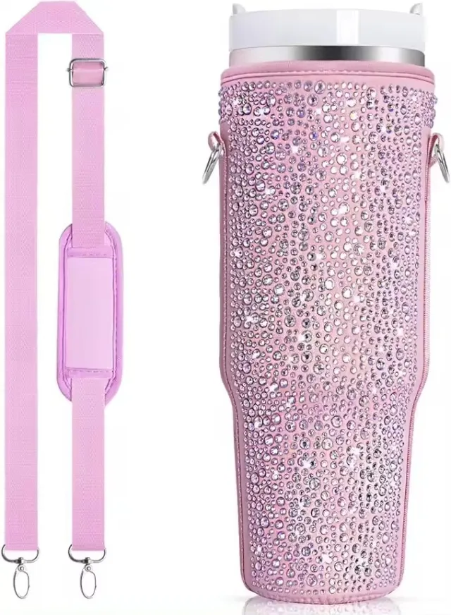 40 Oz Shiny Water Bottle Sets Handbag Adjustable Strap Pearlescent Pink - Shop at LoveMi