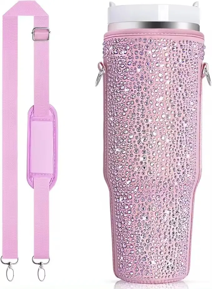 40 Oz Shiny Water Bottle Sets Handbag Adjustable Strap Pearlescent - Pink
