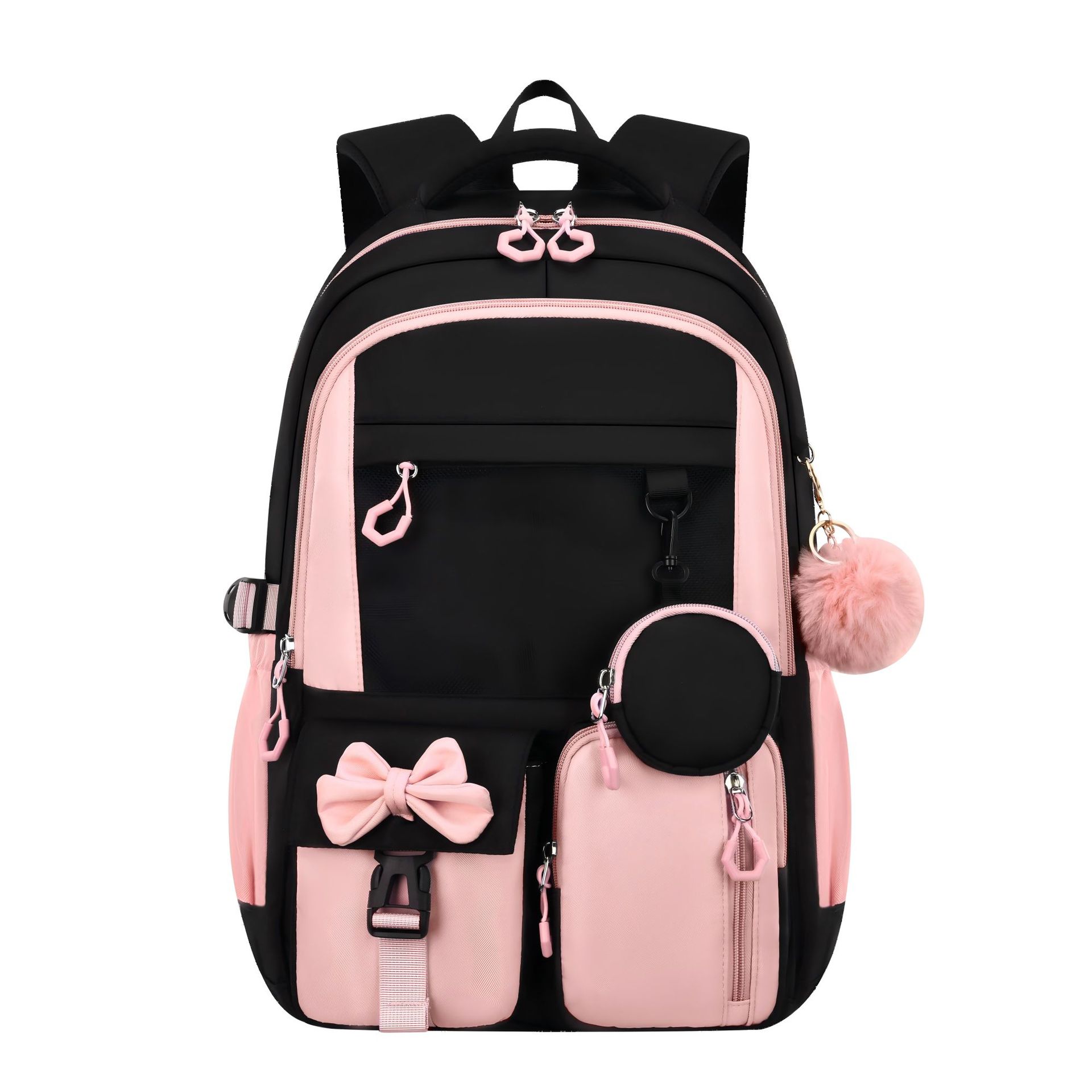 Simple Three-Piece Backpack Set For Elementary And Middle School Students Black Pink