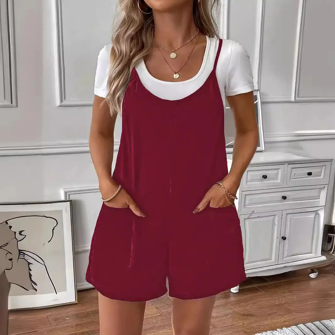Plus-size Spring Summer Solid-color Pocketed Suspender Loose