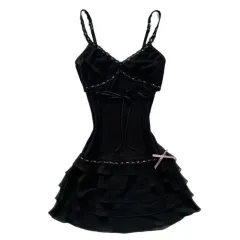 Summer New French Sweet And Spicy Style Bow V-neck Tight Waist A- Line Skirt - Black - View 1
