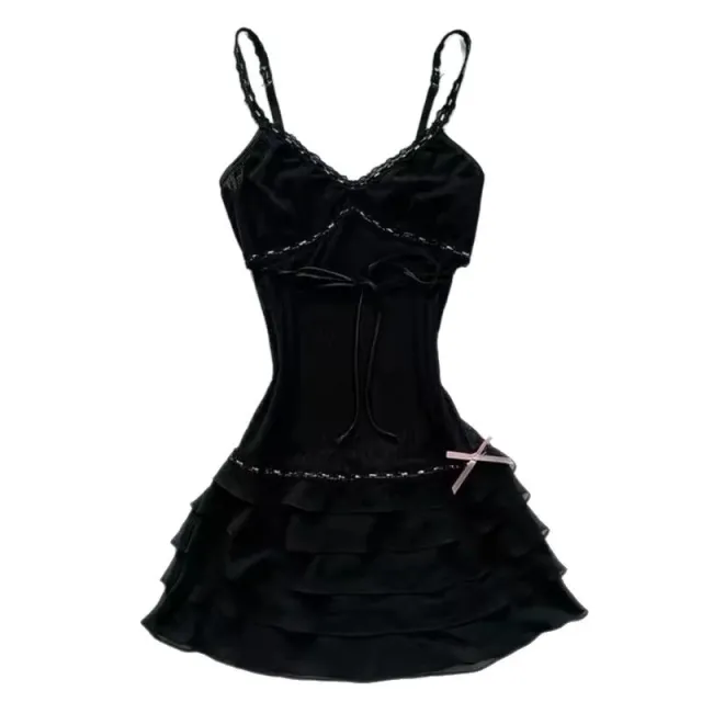 Summer New French Sweet And Spicy Style Bow V neck Tight Waist A Line Skirt Black - Shop at LoveMi
