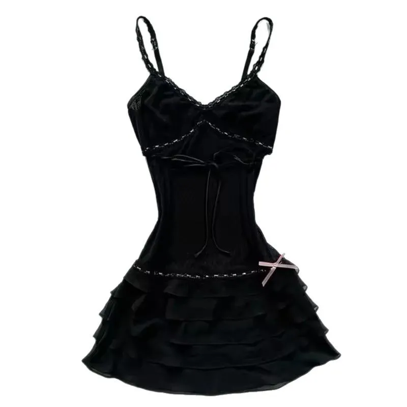 Summer New French Sweet And Spicy Style Bow V-neck Tight Waist A- Line Skirt - Black