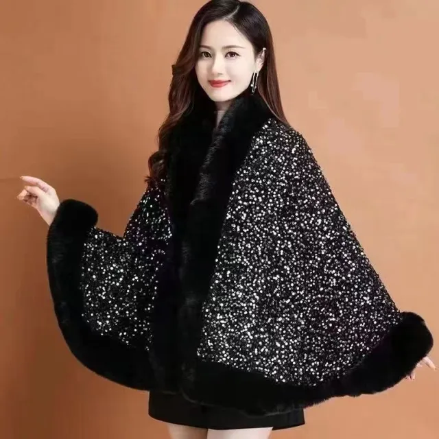 Fleece lined Thicken Big Fur Collar Sequined Shawl Black Silver White Sheet - Shop at LoveMi