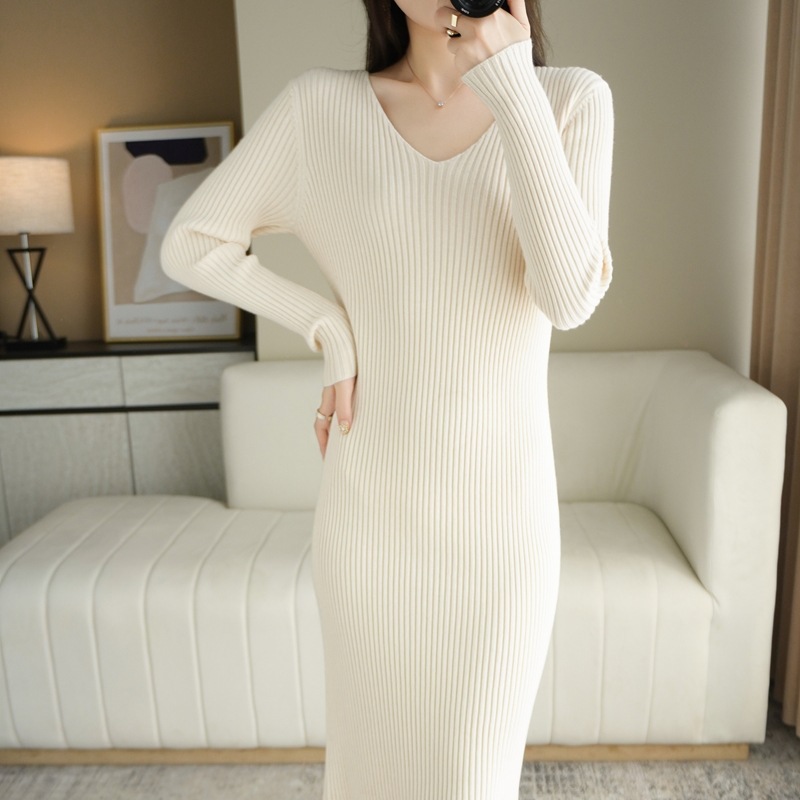 Long sleeve Knitwear Autumn And Winter New Versatile Slim fit V neck Long Tight Sweater Dress For Women Apricot - Shop at LoveMi