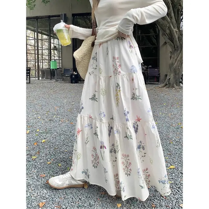 High-waisted Draping Floral Midi Skirt Womens Springsummer New Arrival