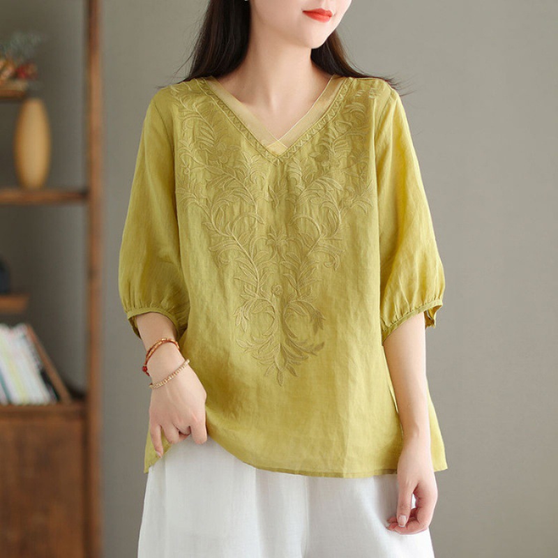 Embroidered Casual Versatile Lightweight High-end Cotton-linen Shirt