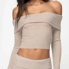 Boat Neck Long Sleeve Knitted Sweater Off-shoulder Crop Short Top SFor Womens Clothing - Deep Beige - View 1