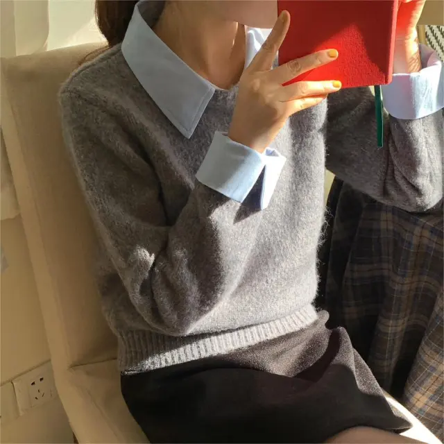 Idle Style Contrast Color Lapels Knitwear Top For Women Gray - Shop at LoveMi