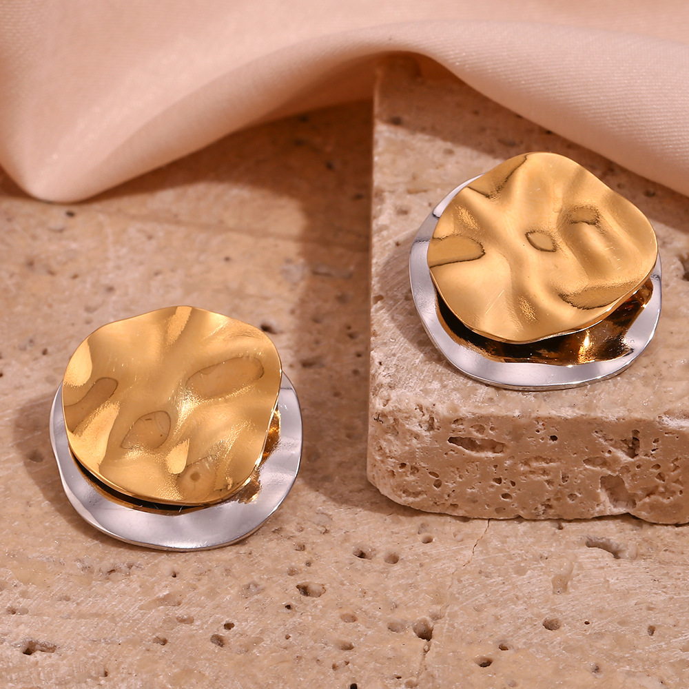 Stainless Steel Plated 18K Irregular Double Layer Color Matching Round Piece Ear Studs Female