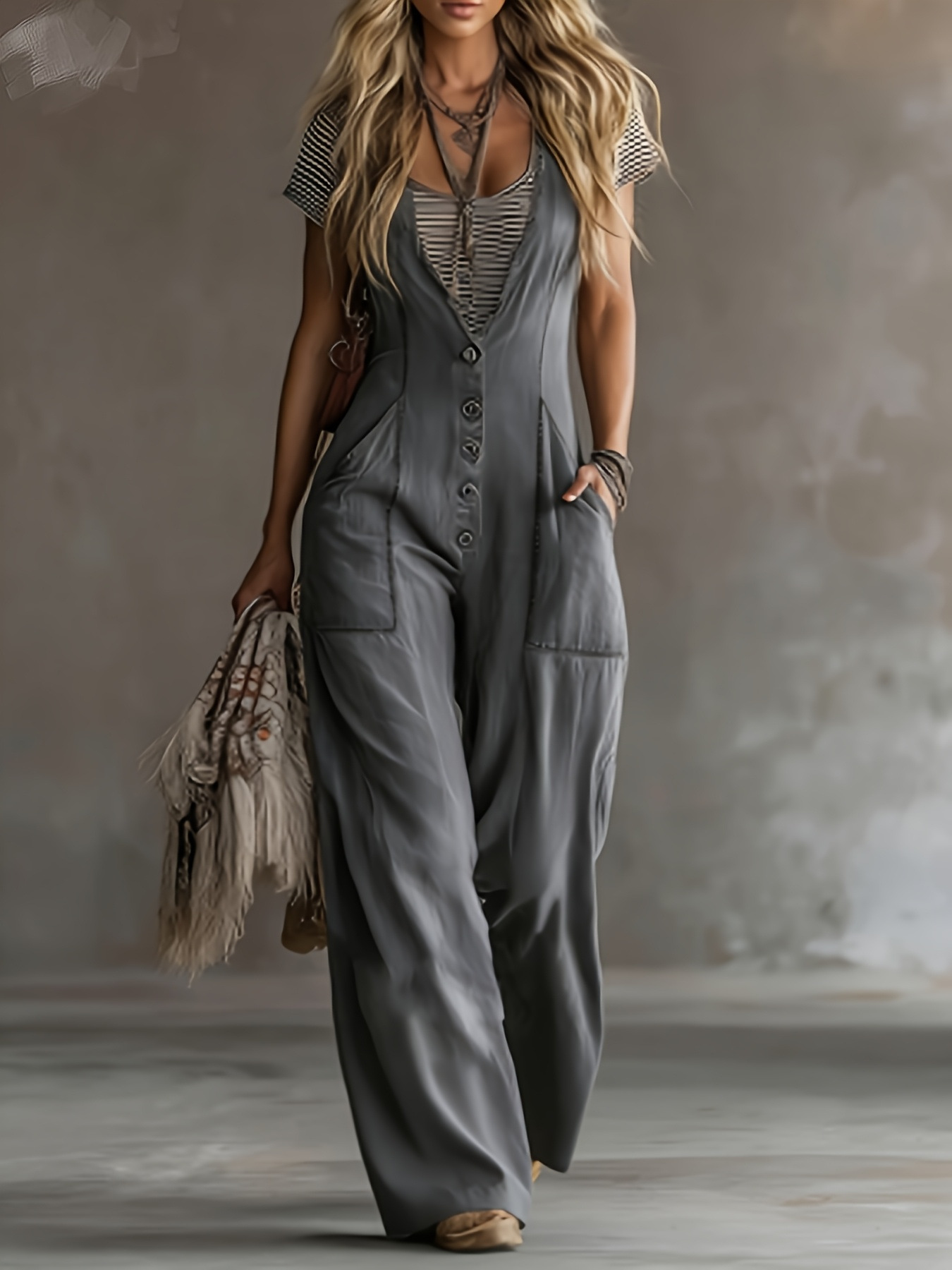 Loose sleeveless wide-leg jumpsuit, model wearing lifestyle photo showing full length look