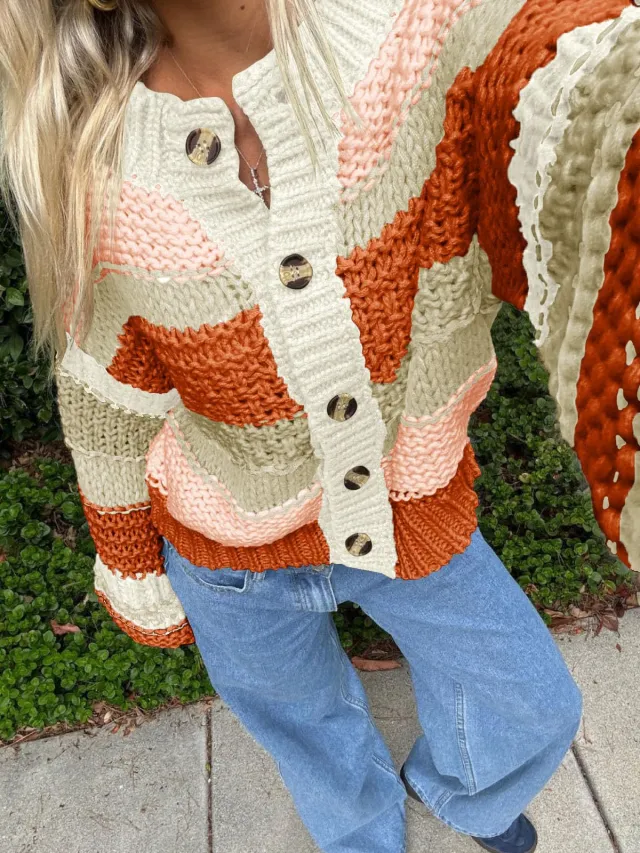 Ladies Striped Thick Needle Button Cardigan Sweater Brick Red - Shop at LoveMi