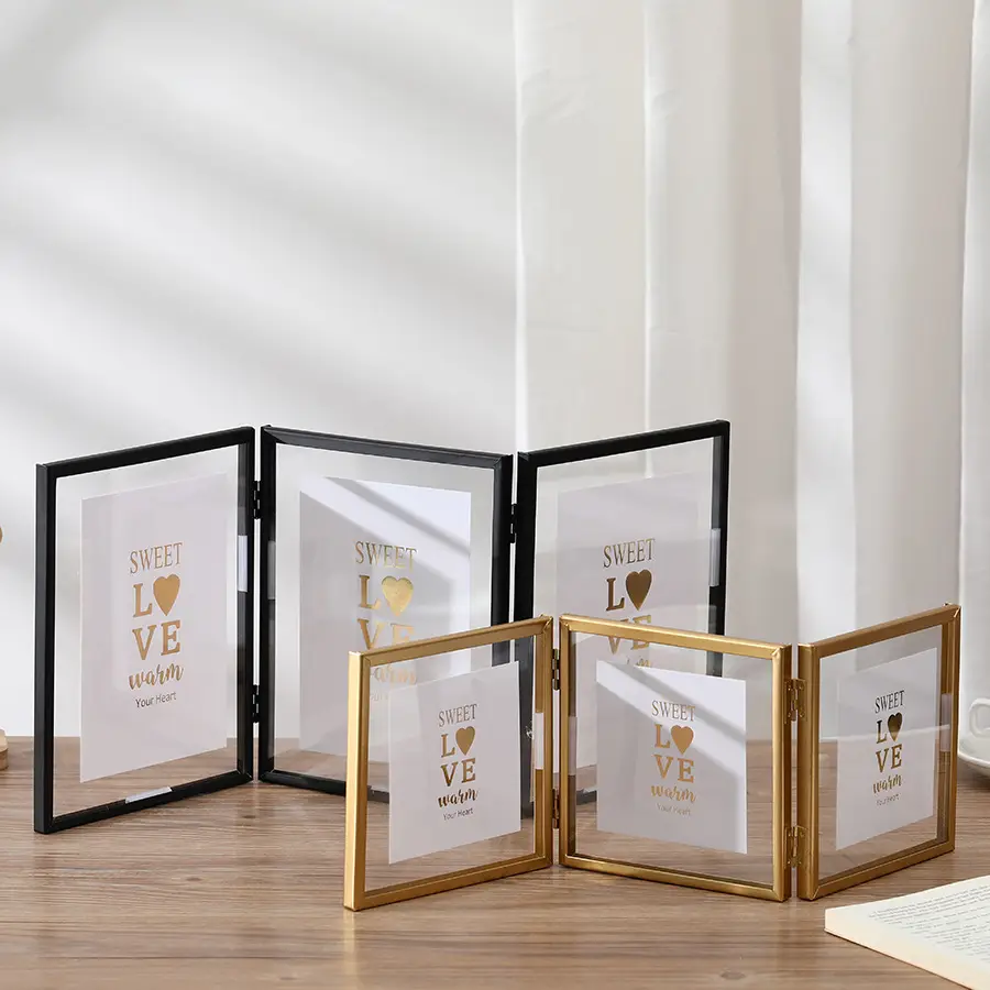Foldable Metal Triple Photo Frame  Creative Gold And Black Photo