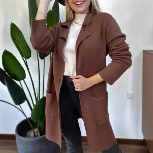 Women's Lapel Long Sleeve Knitted Coat Brown - Shop at LoveMi