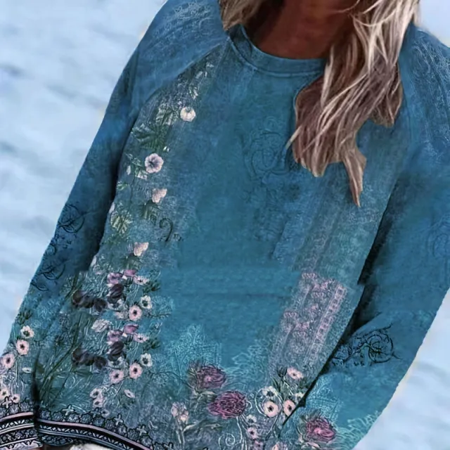 Long Sleeve Raglan Sleeve Round Neck Printed Pullover Sweatshirt Blue - Shop at LoveMi