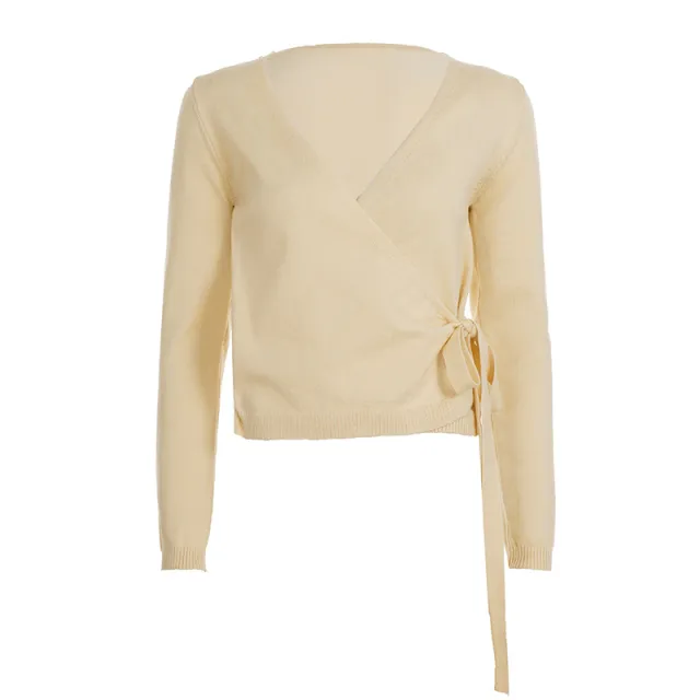 Cross V neck Bottoming Lace up Casual Sweater Yellow - Shop at LoveMi