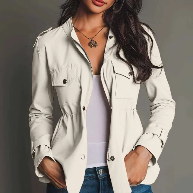 Long Sleeve Waist tight Jacket Pocket Windbreaker Coat Women's Clothing Beige - Shop at LoveMi