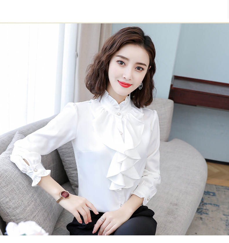 Women's New Style Long-Sleeve Shirt With Stand Collar And Ruffle Trim Top