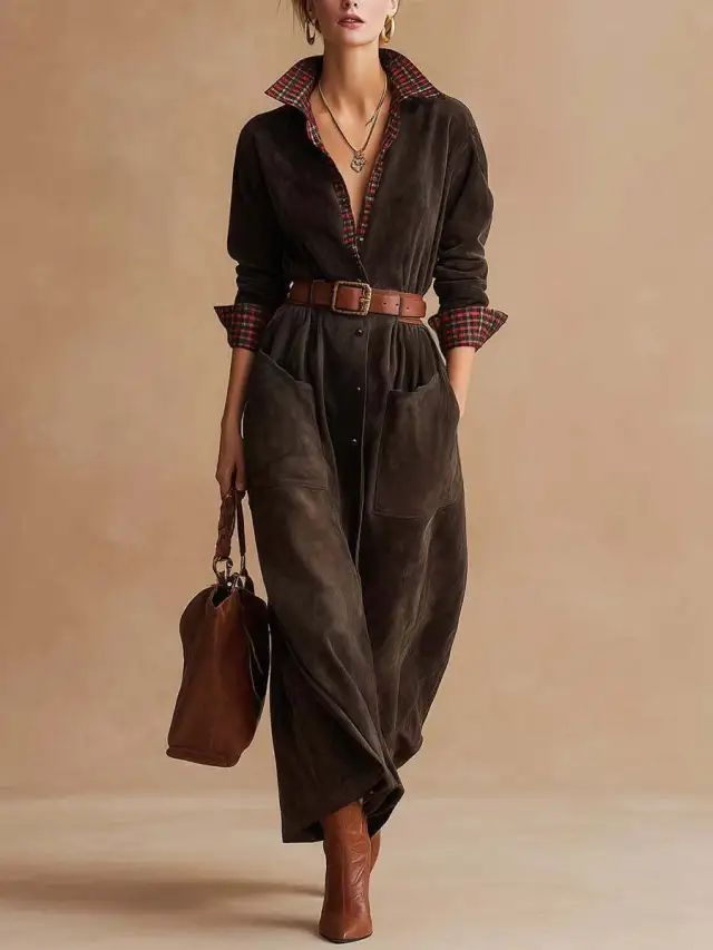 Womens Classic Retro Plaid Workwear Jumpsuit Dress Coffee - Shop at LoveMi