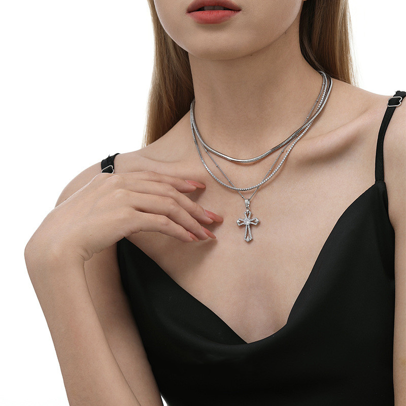 Minority Style Cross Inlaid Zircon Trendy Cool Choker Twin Design Necklace