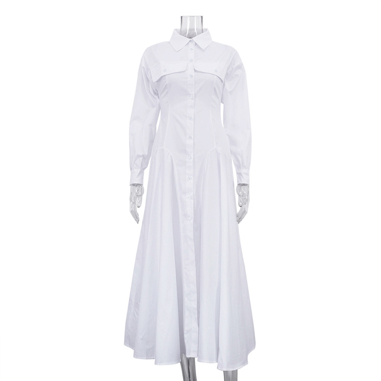 Turn down Collar Long sleeve Pleated Single breasted Shirt Dress White - Shop at LoveMi