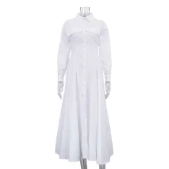Turn-down Collar Long-sleeve Pleated Single-breasted Shirt Dress - White - View 1