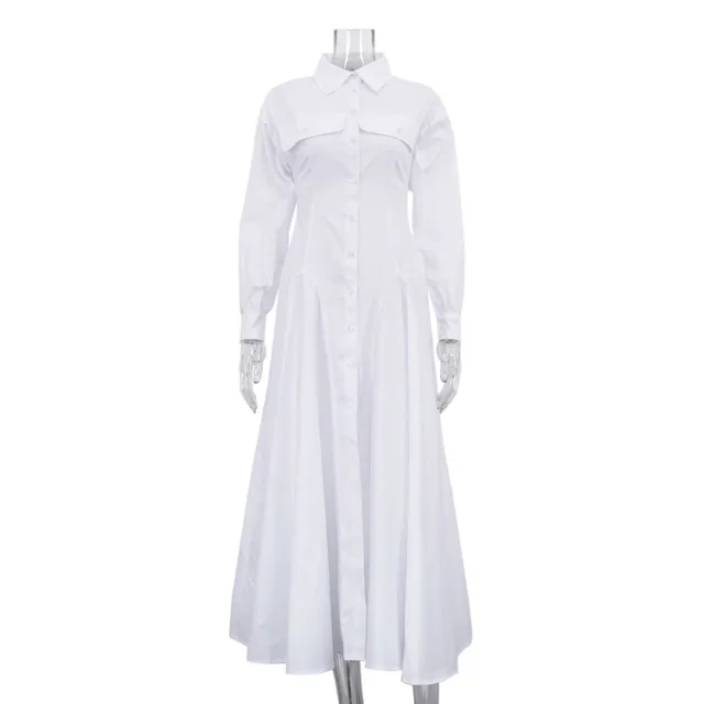 Turn down Collar Long sleeve Pleated Single breasted Shirt Dress White - Shop at LoveMi