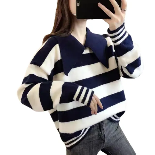 Loose Slimming Outside Wear Western Style Knitted Bottoming Shirt Blue - Shop at LoveMi