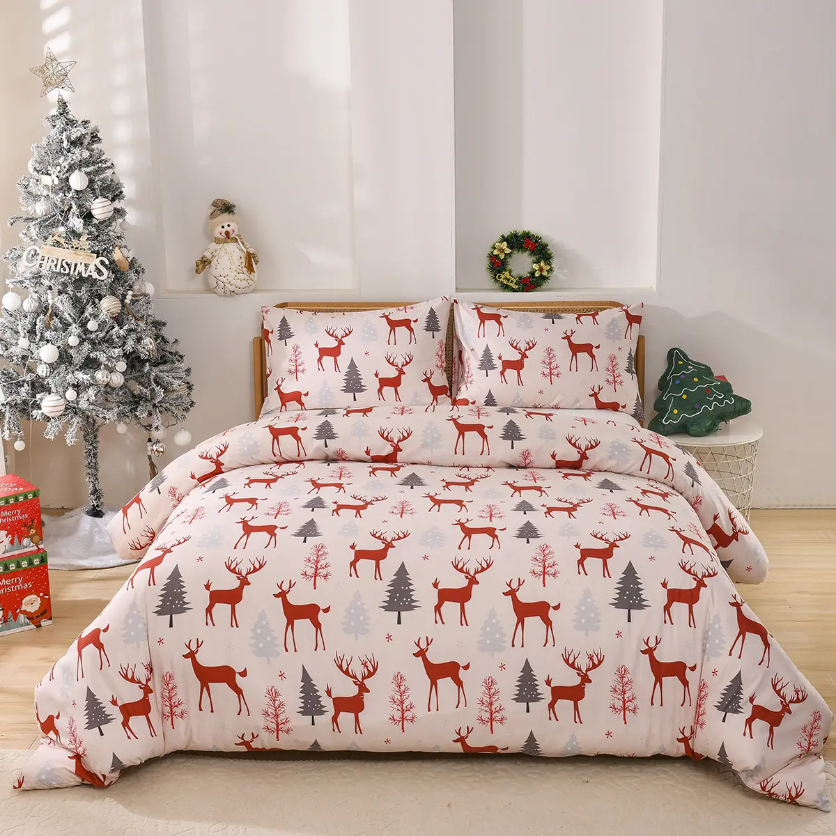 Christmas Forest Deer Pattern Quilt Cover Three-piece