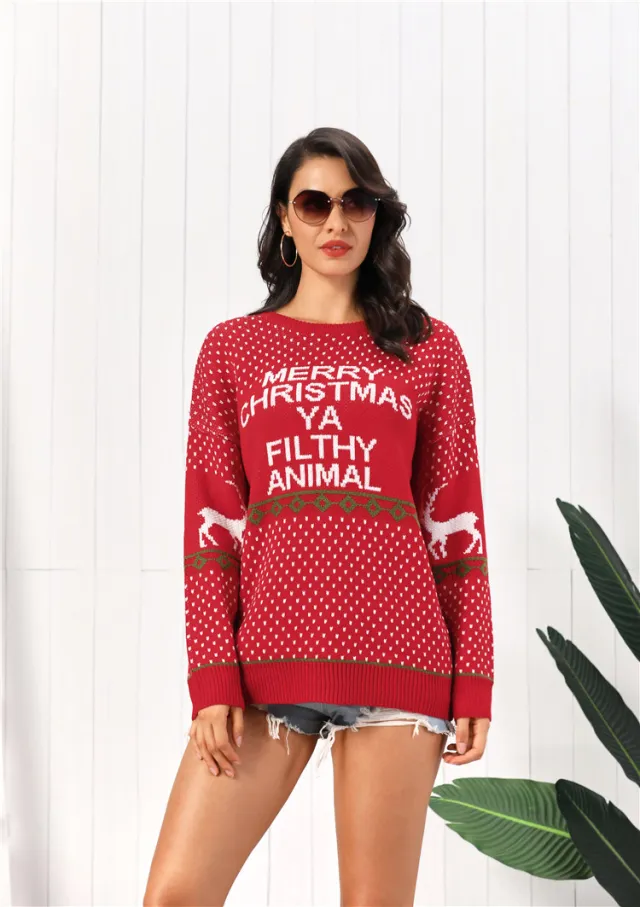 Women's Clothing Hot Knitwear Letter Deer Loose Plus Size Mid length Sweater Red - Shop at LoveMi