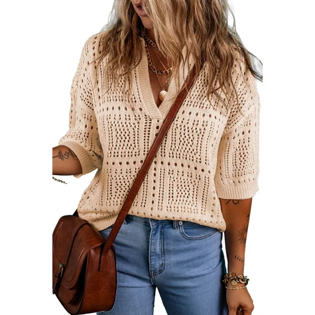 Niche Hollow Out V neck Sweater For Women Yellow - Shop at LoveMi