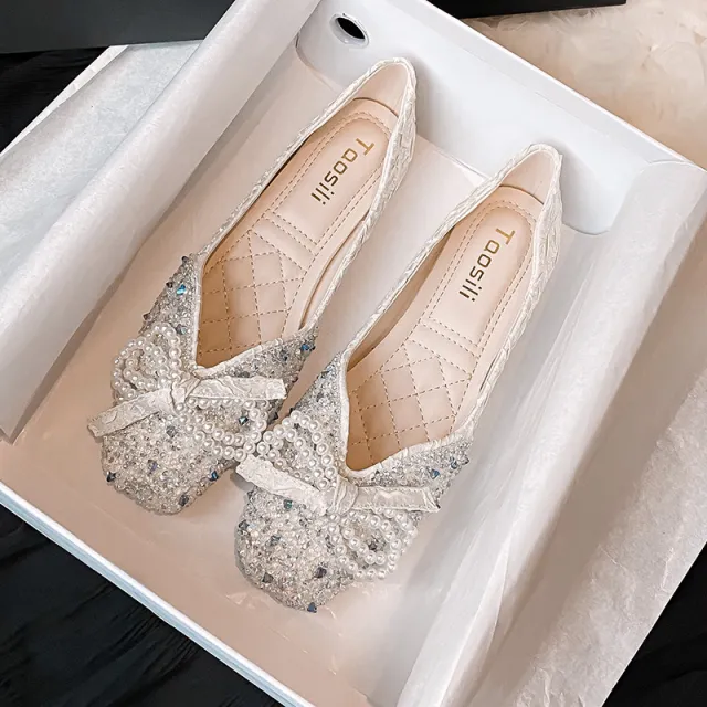 New Square Toe Flats Classic Style Rhinestone Pearl Shoes Apricot - Shop at LoveMi