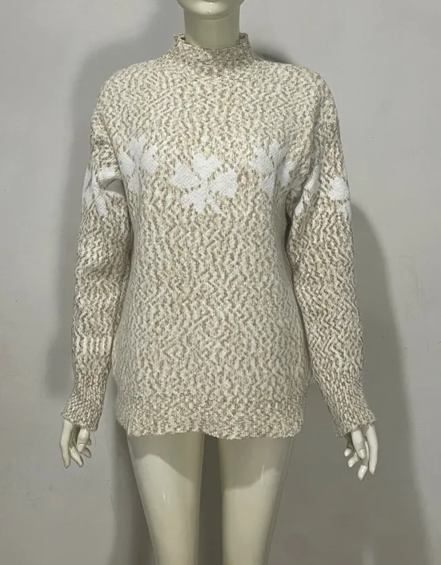Embroidered Jacquard Pullover Loose Bottoming Shirt Mock Neck Sweater Coat Khaki - Shop at LoveMi