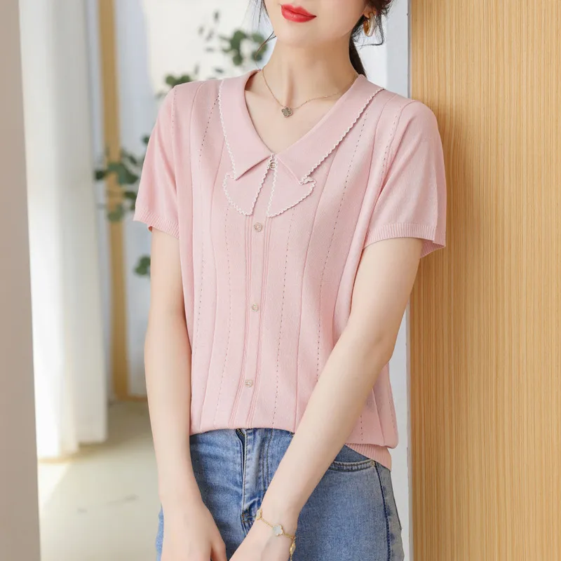 Doll Collar Carven Design Breasted Short-sleeved Sweater Top - Pink