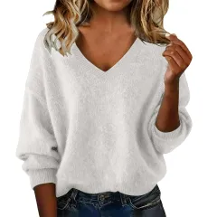 New Fashion Loose Solid Color V-neck Sweater Women - White - View 1
