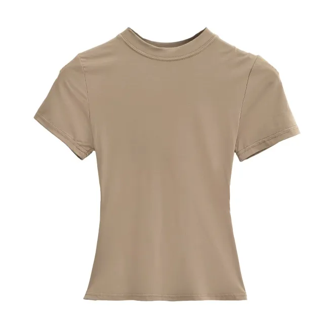 Solid Color Small Round Neck Elastic Shoulder Short Sleeve T shirt Basic Style Waist tight Khaki Green - Shop at LoveMi