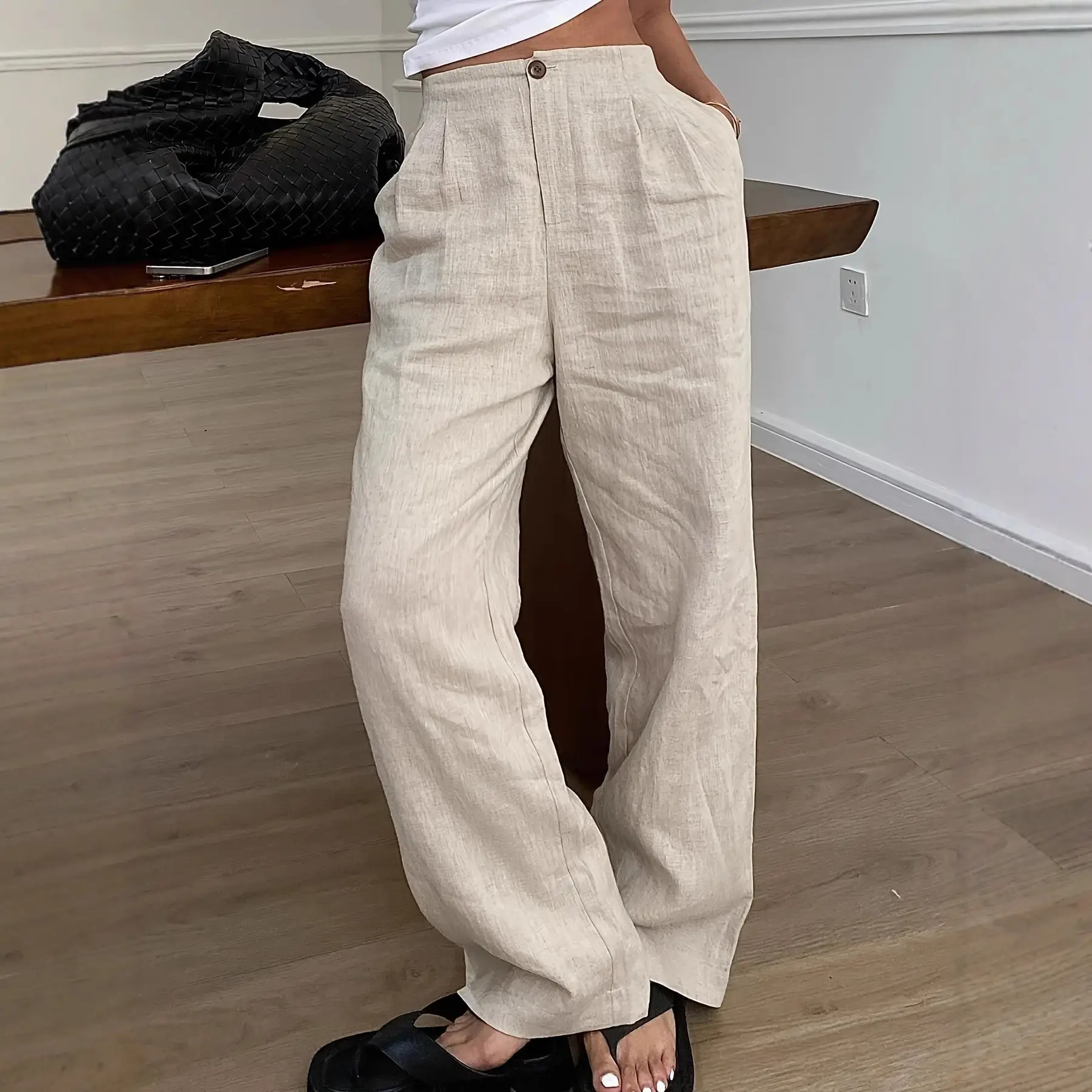 Womens Linen Wide-leg Pants With An Elastic Waist