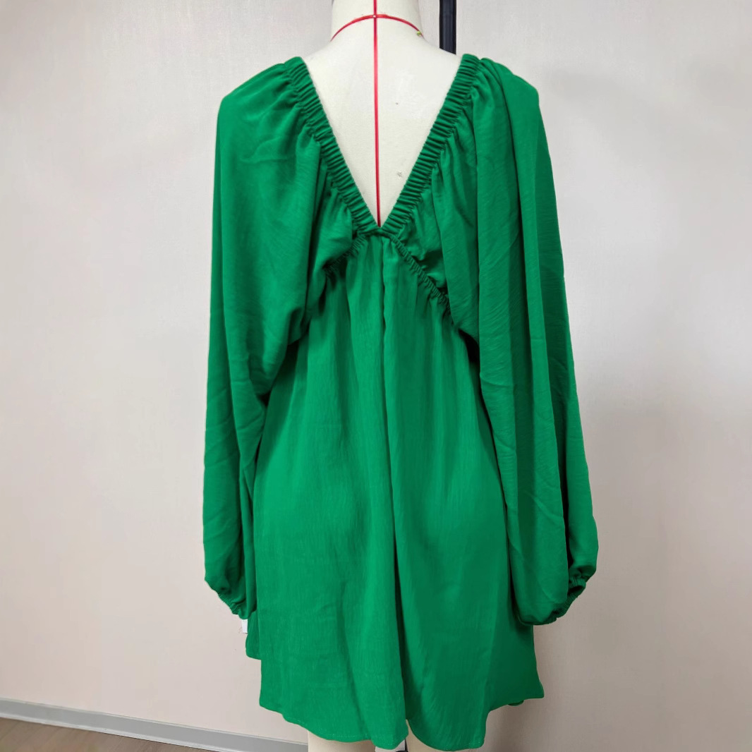 V-neck Long-sleeve Dress Self-designed Puff Sleeve Swing Skirt