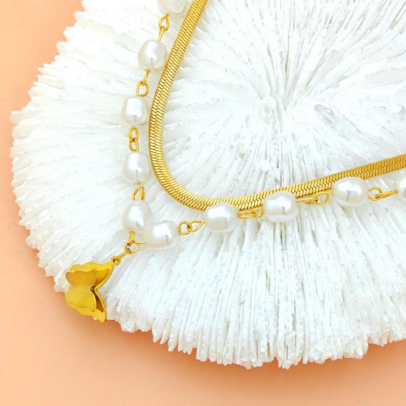 Double Layer Twin Pearl Necklace Female Hip Hop Butterfly