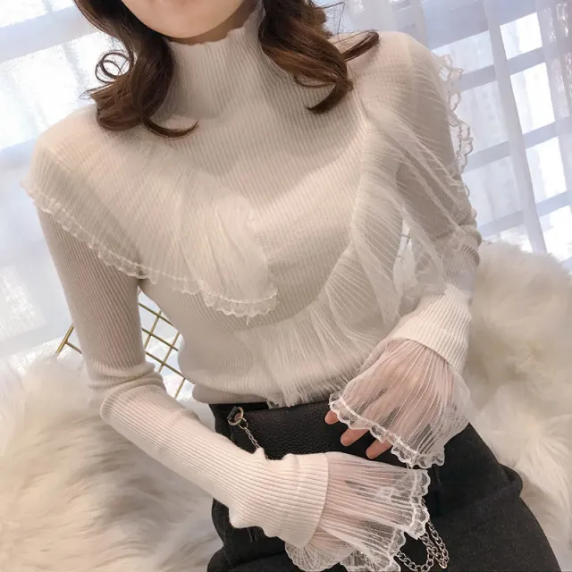 Women's Lace Patchwork Ruffled Sweater White - Shop at LoveMi