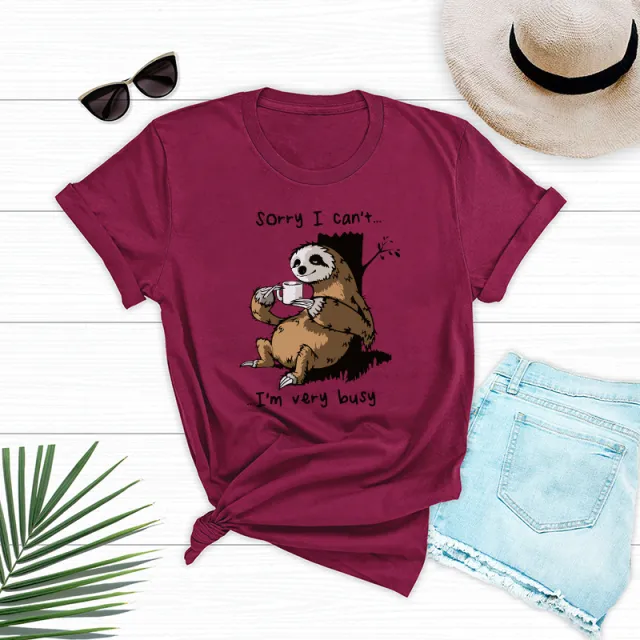 Women's Loose Crew Neck Printed Short Sleeve T Shirt Wine Red - Shop at LoveMi