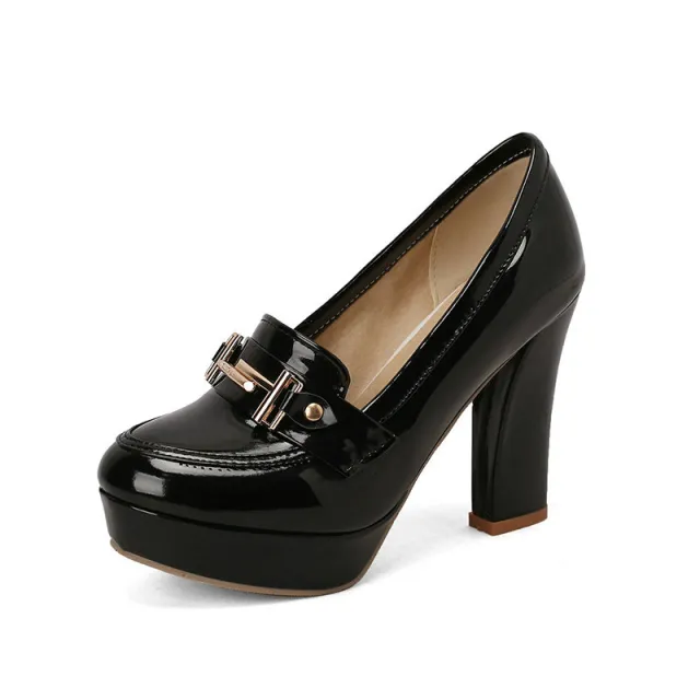 Round Toe Waterproof Platform Chunky Heel High Heel Leather Shoes Black - Shop at LoveMi