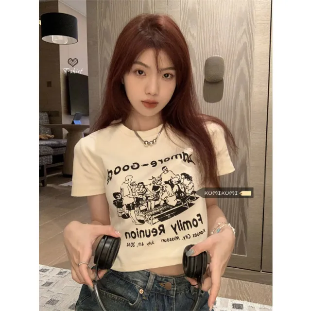 American style Retro Cartoon print Drop shoulder Short sleeve T shirt Apricot - Shop at LoveMi