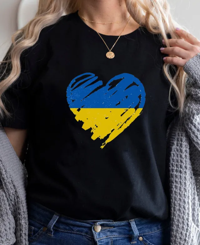 European And American Fashion Tops shaped Blue And Yellow Heart Printed Round Neck Short Sleeve Black - Shop at LoveMi
