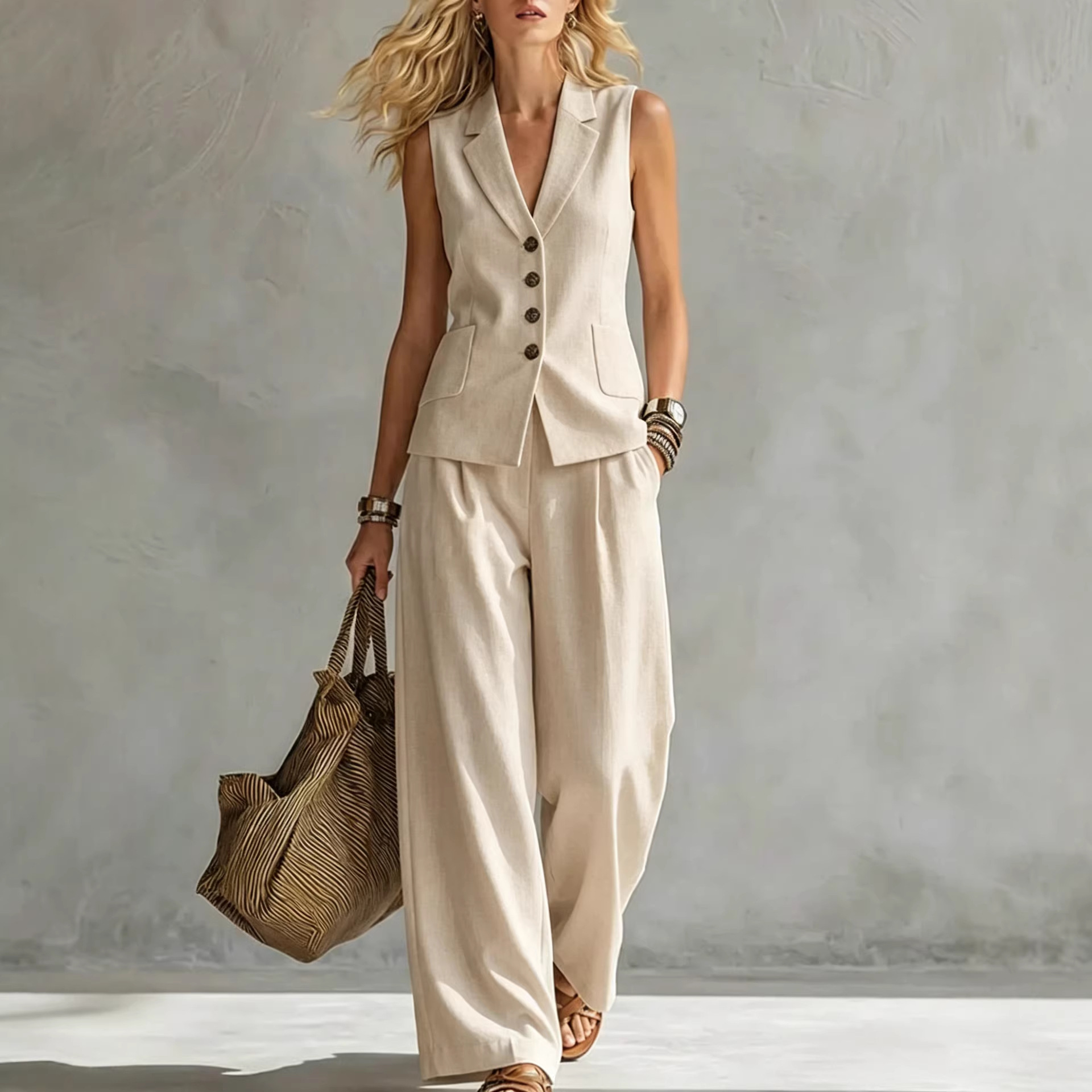 Womens Solid-Colored Sleeveless Casual Linen Tank Top And Pants Set 4