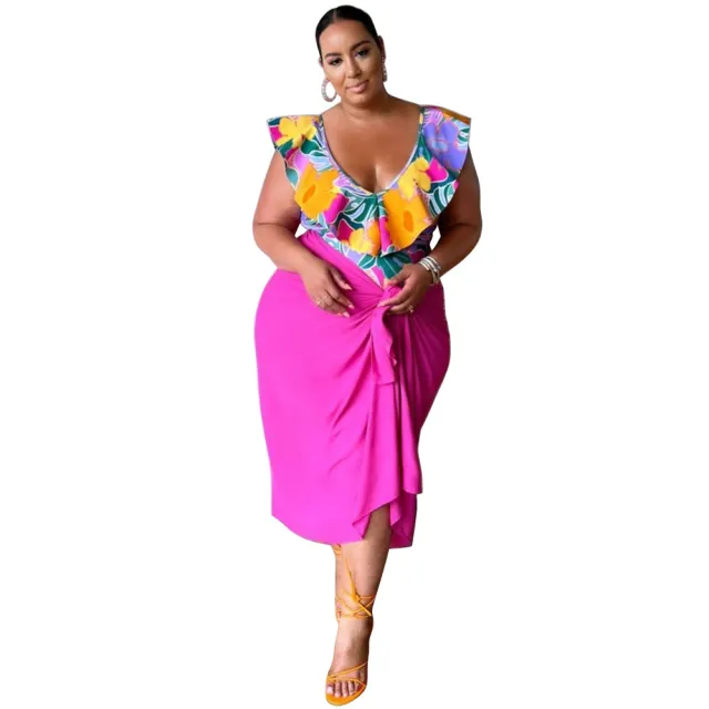 New Stylish Casual V neck Printed Jumpsuit Printed Skirt Plus size Two piece Set Rose - Shop at LoveMi