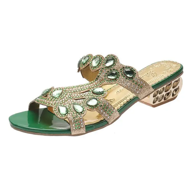 Women's Fashionable All-match Low Heel Rhinestone Outdoor Slippers