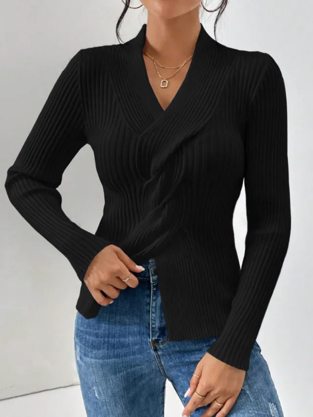 Women's Knitwear Thread Slit Hemline At Hem Long Sleeve Solid Color Slim Fit Sweater Black - Shop at LoveMi