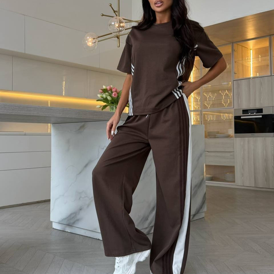Color-block Side-striped Sports T-shirt And Pants Set